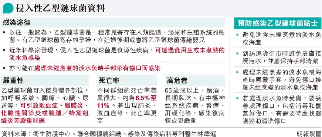 乙型鏈球菌感染增9人 原因部分曾接觸淡水魚 可引發腦膜炎、敗血症 死亡率可達11% 預防感染乙型鏈球菌4個貼士