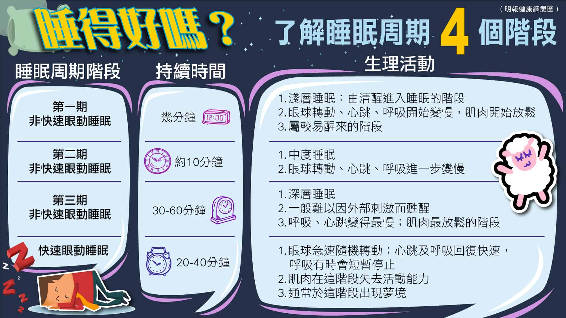 整晚的睡眠，主要循環發生4至6個睡眠周期，而每個完整睡眠周期則可再分為4個階段。